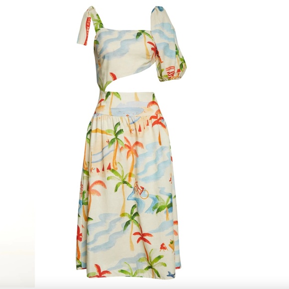 NWT $230 FARM Rio Copacabana Asymmetric Sleeve Side Cutout Linen Blend Dress- XL - Picture 2 of 8